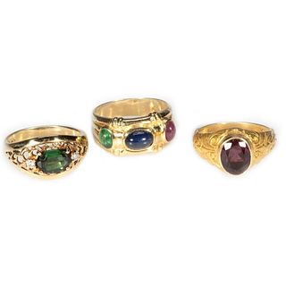 Three gem-set and 14k gold rings