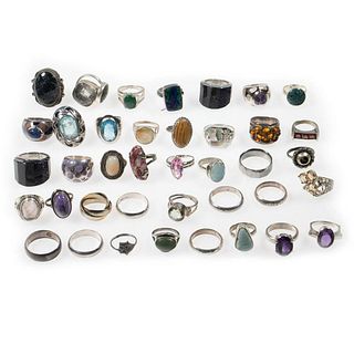 Collection of 52 stone-set, silver and steel rings