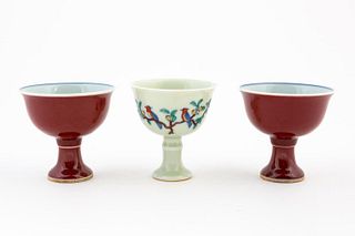 3 CHINESE PORCELAIN STEM WIN CUPS, RED & DOUCAI
