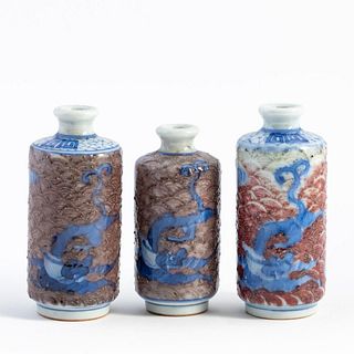 3 CHINESE BLUE, WHITE, & IRON RED SNUFF BOTTLES
