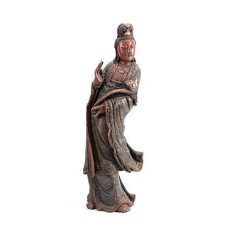 LARGE CARVED WOOD STANDING QUAYIN FIGURE
