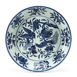 CHINESE BLUE & WHITE BIRDS & POMEGRANATE CHARGER