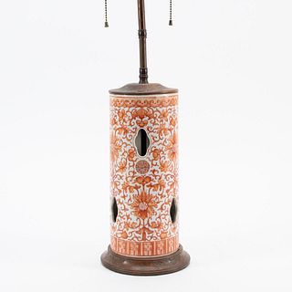 CHINESE IRON-RED HAT STAND MOUNTED AS LAMP