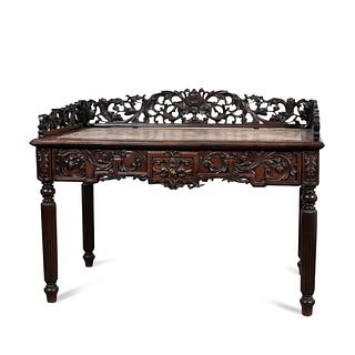 ANGLO-CHINESE CARVED HARDWOOD & MARBLE DESK