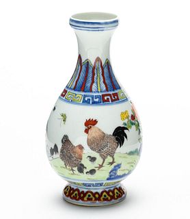 DIMINUTIVE CHINESE PORCELAIN DOUCAI ROOSTER VASE