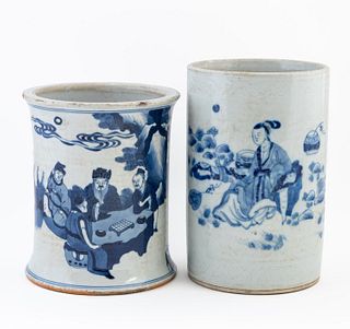 TWO CHINESE BLUE & WHITE PORCELAIN BRUSH POTS