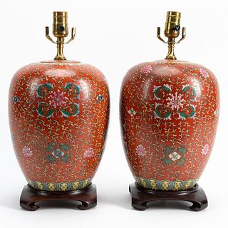 PAIR, CHINESE RUST GINGER JARS MOUNTED AS LAMPS