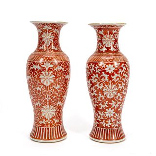 PAIR, CHINESE IRON RED & WHITE FLORAL MOTIF VASES