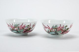 PAIR, CHINESE PORCELAIN FLOWER AND BIRD BOWLS