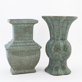 TWO CHINESE GE STYLE CELADON POTTERY VASES