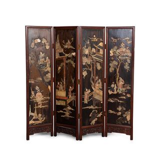 CHINESE FOUR PANEL ROSEWOOD SCREEN W/ STONE INLAY
