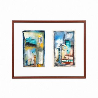 AM SCHOOL MODERNIST MIXED MEDIA ON PAPER DIPTYCH