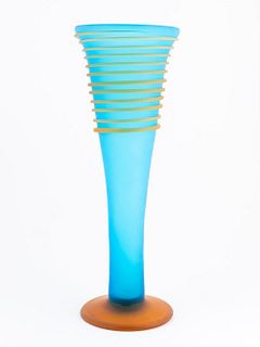 Blue Tall Art Glass Vase, Orange Base & Swirl
