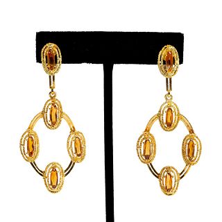 PAIR, 18K YELLOW GOLD CITRINE OVAL DROP EARRINGS