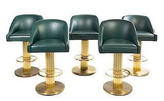 A Set of Five Custom Leather Upholstered Bar Stools Height 36 1/2 inches.