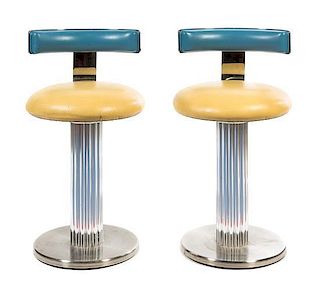 A Pair of Custom Leather Upholstered Bar Stools Height 34 inches.