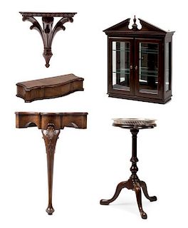 A Group of Five Hardwood Articles Height of curio 26 3/4 inches.