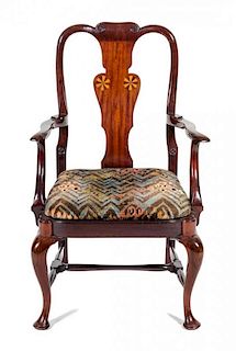 A Chippendale Style Inlaid Mahogany Open Arm Chair Height 39 1/2 inches.