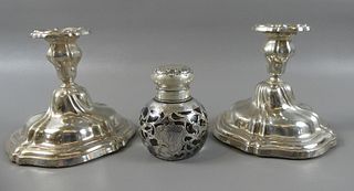 SILVER CANDLESTICKS & OVERLAY INKWELL