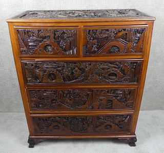 OLD CHINESE CAMPHORWOOD CARVED TALL CHEST