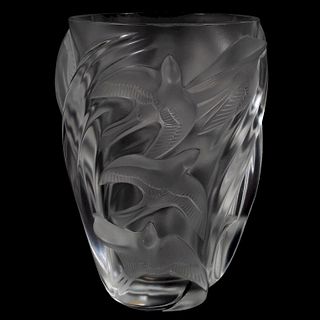 Lalique French Crystal "Martinets" Birds Vase