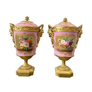 Pr French Sevres Quality Dore Bronze Mounted Urns
