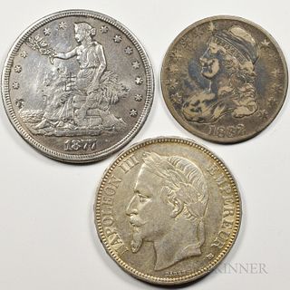 1877-S Trade Dollar, 1832 Capped Bust Half Dollar, and 1868 France 5 Francs