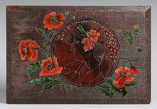 California Pyrography Redwood Panel Carved & Painted Poppies c1910