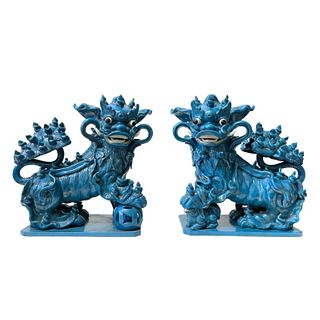 Pr Chinese Vintage Turquoise Glaze Large Foo Lions