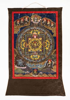 19th C Tibetan Buddhist Hand-Painted Mandala Thangka