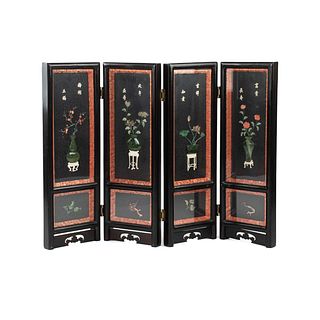 Chinese 4 Panel Lacquered Hardstone and Jade Screen