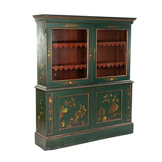 Chinoiserie French Hand-Painted Green Breakfront Cabinet