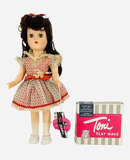Ideal hard plastic P-90W Toni walker in box. 14" all original doll with brunette nylon wig, sleep eyes, closed mouth, on five-piece body. Toni wears h