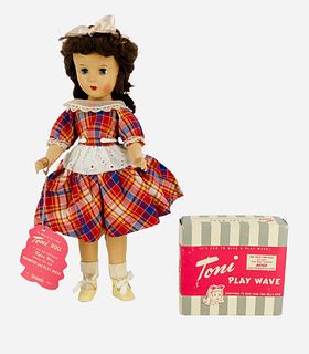 Reliable Toy Co. Limited hard plastic Canadian Toni in box. 13 1/2" doll with synthetic wig, sleep eyes with eyelashes, on five-piece body. All origin