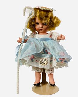 Nancy Ann Storybook painted bisque "Little Bo Peep" in box. 5 1/4" doll with one-piece head/torso marked "Judy Ann USA", string jointed arms and legs,