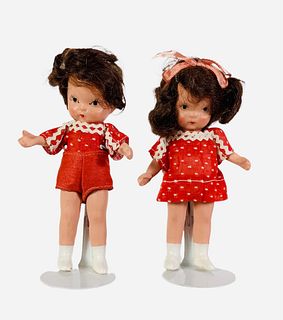 Nancy Ann Storybook painted bisque "Brother and Sister". 5" dolls with one-piece head/torsos, string jointed arms and legs, painted white boots with m