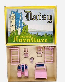 Daisy Doll House Furniture in original box. Includes 7-piece painted pink bedroom as shown. In overall good condition, mirror on dresser has a broken 