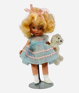 Nancy Ann Storybook painted bisque "Goldylocks and the Baby Bear". 5" doll with one-piece head/torso, string jointed arms and legs, pudgy tummy, paint