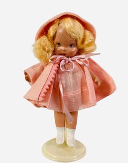 Nancy Ann Storybook painted bisque "Margie Ann". 5 1/4" doll with one-piece head/torso, string jointed arms and legs, pudgy tummy, painted white boots