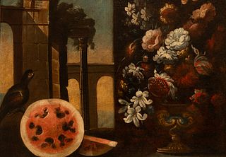 Still Life with Flowers and Watermelon, 17th century Majorcan school