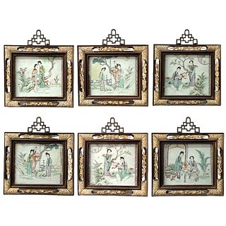 6 Vintage Chinese Famille Rose Plaques In Frames