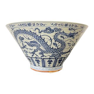 Palatial Chinese Blue & White Dragons Pottery Bowl