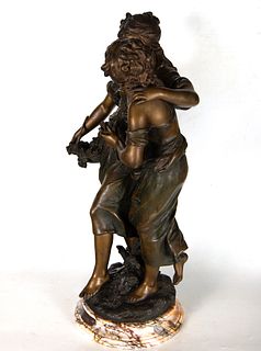 "L'Amitié", Pair of Girls in bronze, signed Auguste Moreau, 19th century French school