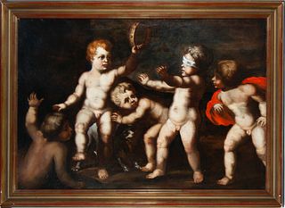 Pair of Canvases of Playing Cherubs, Italian school of the 16th - 17th century
