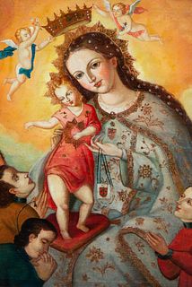 Crowned Virgin with Child in her arms surrounded by Donors, Cuzco Colonial school from the 17th century