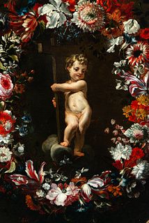 Important Flower Garland with Child Jesus, Italian school of the 17th century, school of Mario Nuzzi (Penna San Giovanni, 19 gennaio 1603 – Rome, 14 n