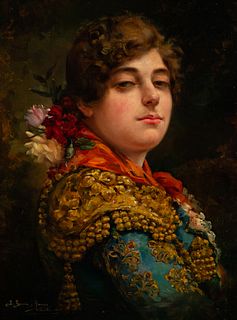 Portrait of a Bullfighter Woman with a Flower Headdress, José García y Ramos (Seville, 1852 - 1912), Sevillian school of the 19th century