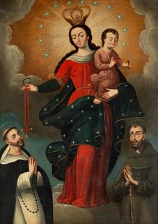 Virgin of the Rosary with Donors Mexican Colonial School, New Spain Viceroyalty of the 18th century, school of José Antonio de Ayala
