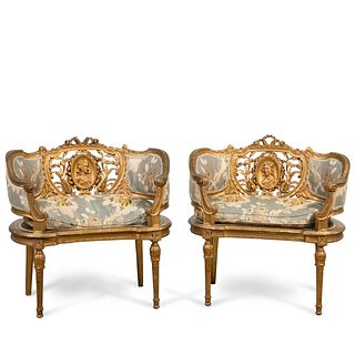 PAIR LOUIS XVI STYLE GOLD PAINTED & CANED SETTEES