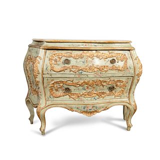 PAINT DECORATED MARBLE TOP BOMBE COMMODE